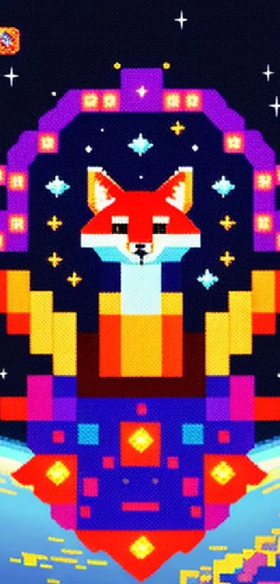 Vibrant pixel art fox in a colorful space-themed design.