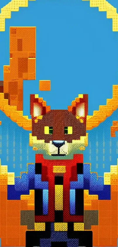 Vibrant pixel art fox with blue and orange hues on a mobile wallpaper.