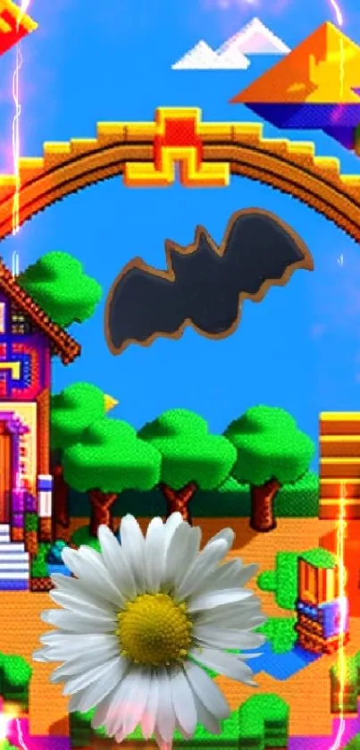 Whimsical pixel art landscape with bat and daisy