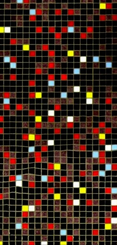 Colorful mosaic pattern with red, yellow, and blue squares on a black background.