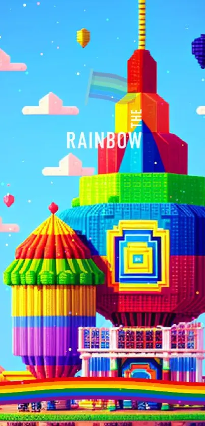Pixel art tower with a vibrant, multicolored design under a blue sky.