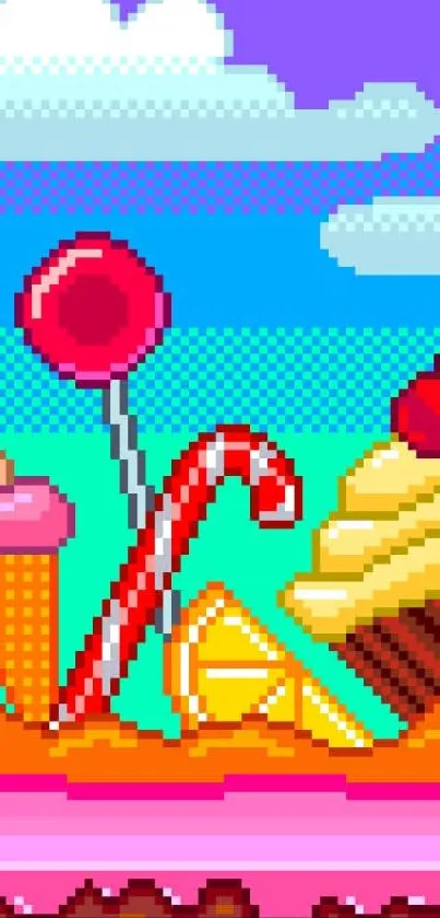 Colorful pixel art dessert theme wallpaper with vibrant colors.