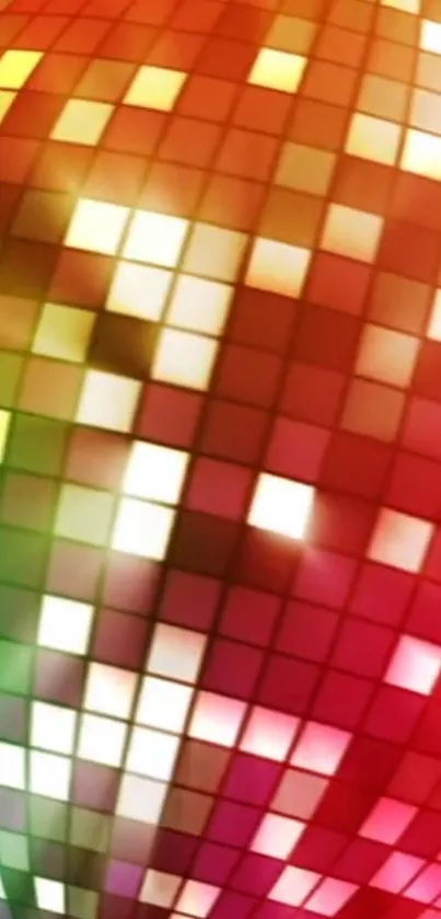 Colorful pixelated disco ball with red, orange, and green hues.