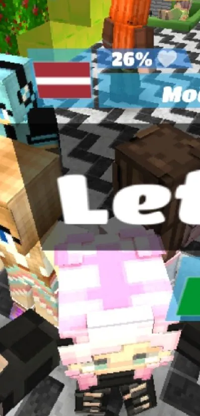 Colorful pixel game scene with characters and text overlays.