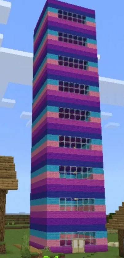 Colorful pixel tower in a game setting on a bright day.