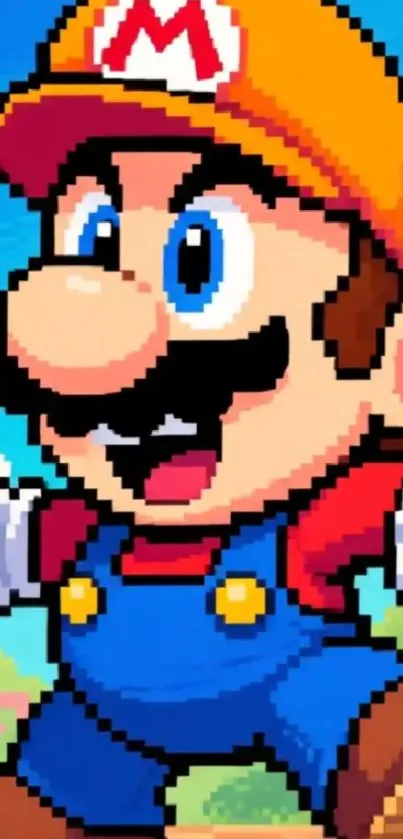 Pixelated cartoon hero with vibrant colors.