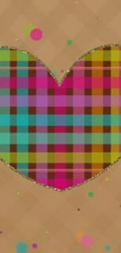 A colorful plaid heart on a brown background with scattered dots.