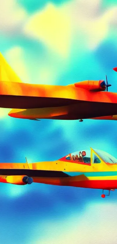 Colorful vintage airplanes in a vibrant blue sky; ideal mobile wallpaper for aviation fans.