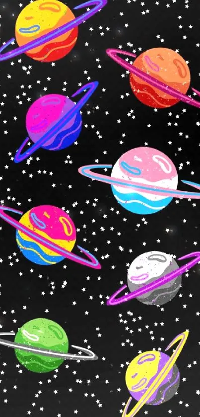 Vibrant cartoon planets on a starry black background.