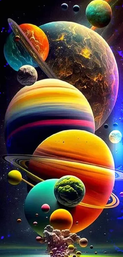 Colorful planets forming a stunning cosmic art design on a mobile wallpaper.