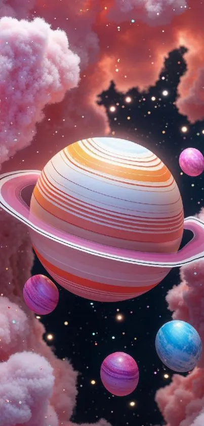 Colorful planets float among pink clouds in space.