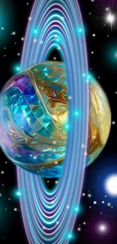Cosmic-themed wallpaper featuring a vibrant planet with colorful glowing rings.