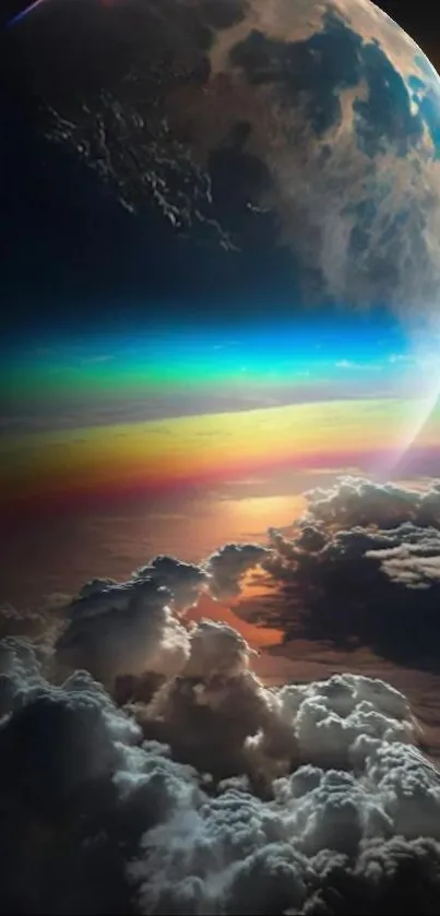 Colorful cosmic scene with a planet and clouds.