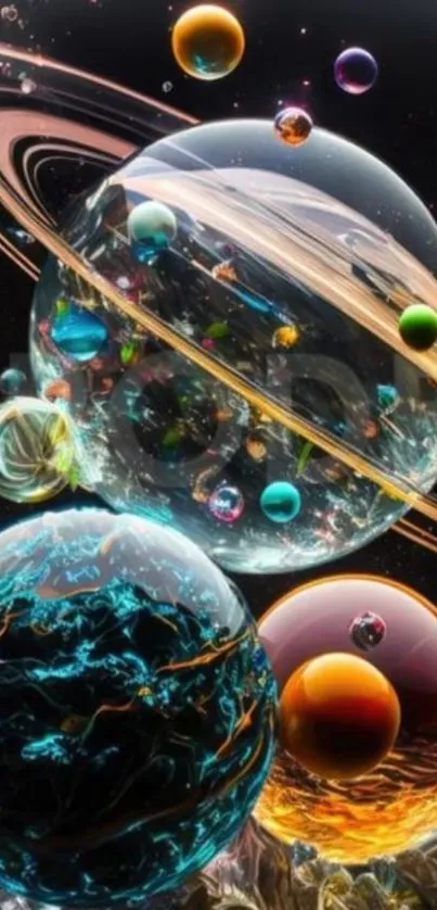 Surreal planetary wallpaper with colorful cosmic spheres and rings.