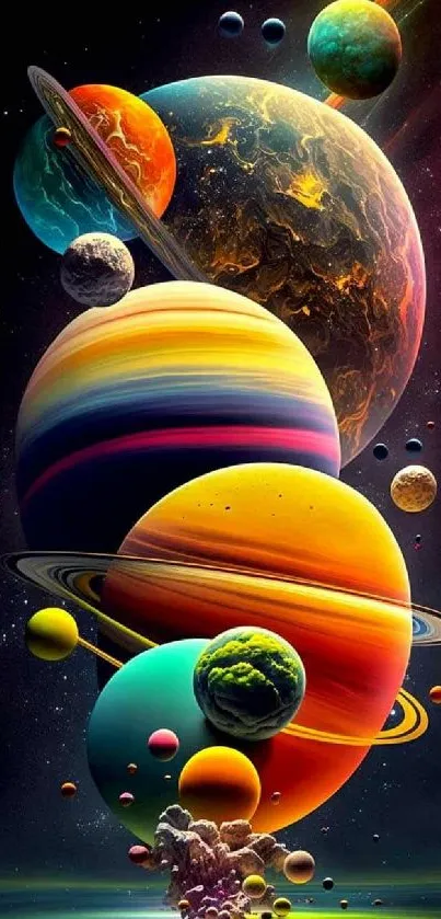 Vibrant mobile wallpaper of colorful planets in a stunning cosmic scene.