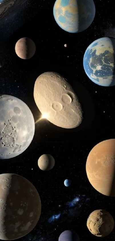 Colorful planets and stars fill the cosmic dark blue background.