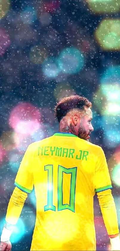 Soccer player with bokeh background and bright yellow jersey.