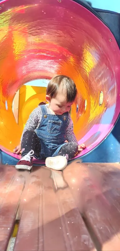 Child in colorful playground tunnel with bright colors.