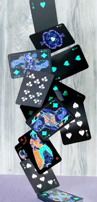 Vibrant playing cards in colorful cascade on a wooden textured background.