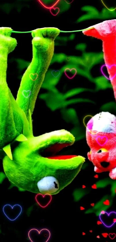 Vibrant wallpaper with plush toys and neon heart designs.