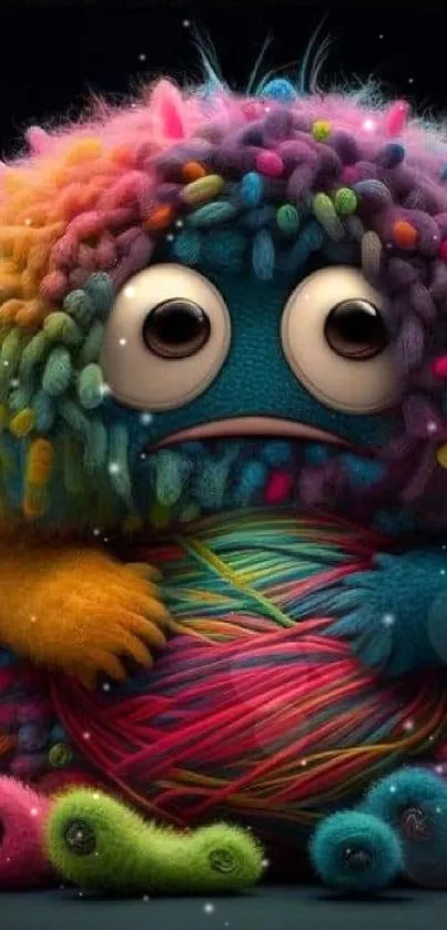 Colorful plush monster holding a yarn ball.