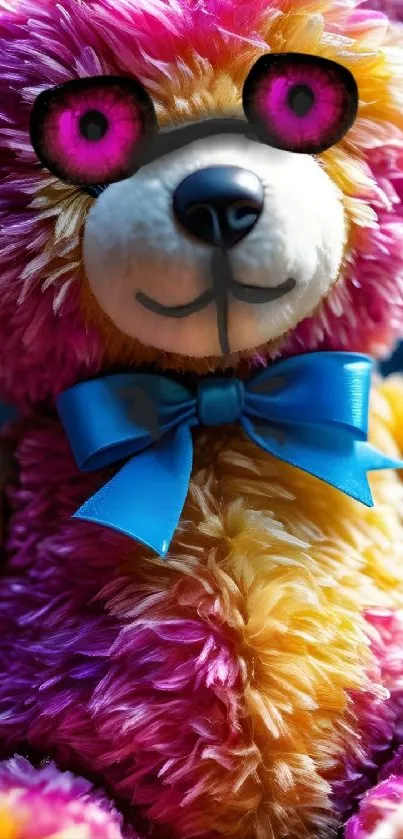 Colorful teddy bear with blue bow.