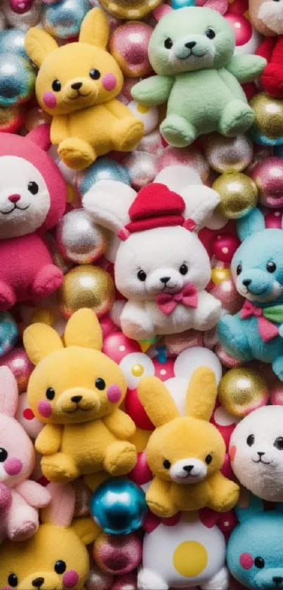 Colorful plush toys in a vibrant mobile wallpaper design.