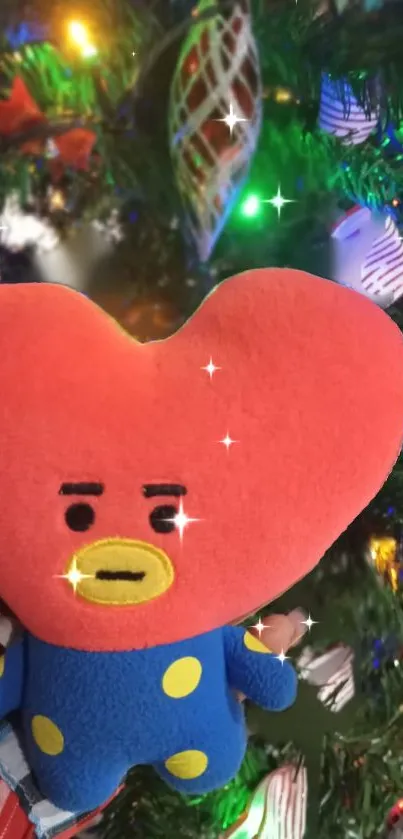 Heart-shaped plush toy with Christmas lights in the background.