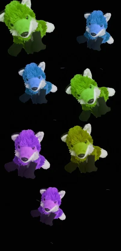 Colorful plush toys on black mobile wallpaper.