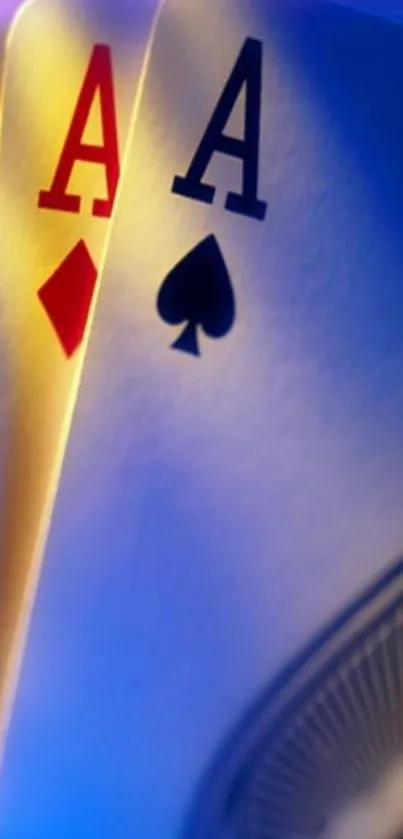 Vibrant wallpaper featuring four poker aces with blue and purple hues.