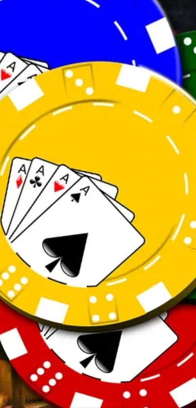 Bright yellow poker chip with cards on mobile wallpaper.