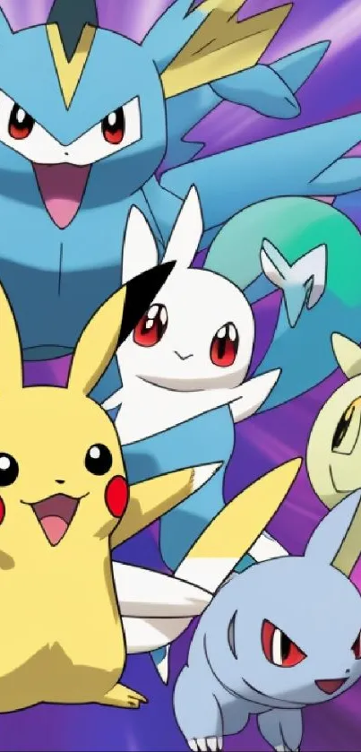 Colorful Pokémon featuring Pikachu and friends on a vibrant purple background.