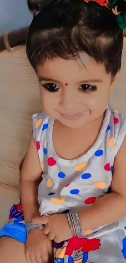 Cute baby wearing colorful polka dot dress with a charming smile.