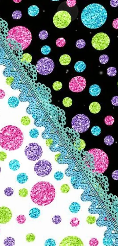 Colorful polka dot wallpaper with green, blue, and pink circles on black and white.