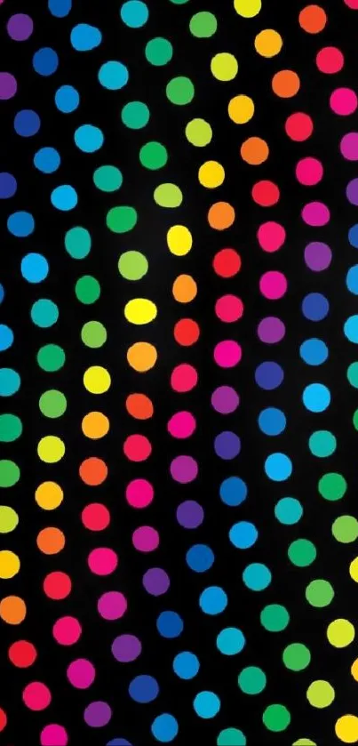 Colorful polka dots on a black background wallpaper.