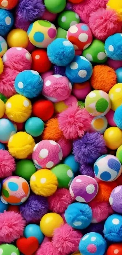 Colorful polka-dotted and fluffy balls on wallpaper.