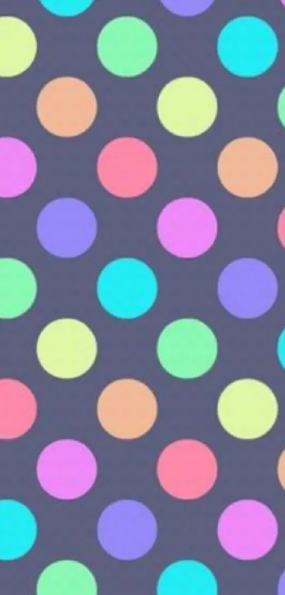 Colorful polka dot wallpaper with vibrant circles on a dark gray background.