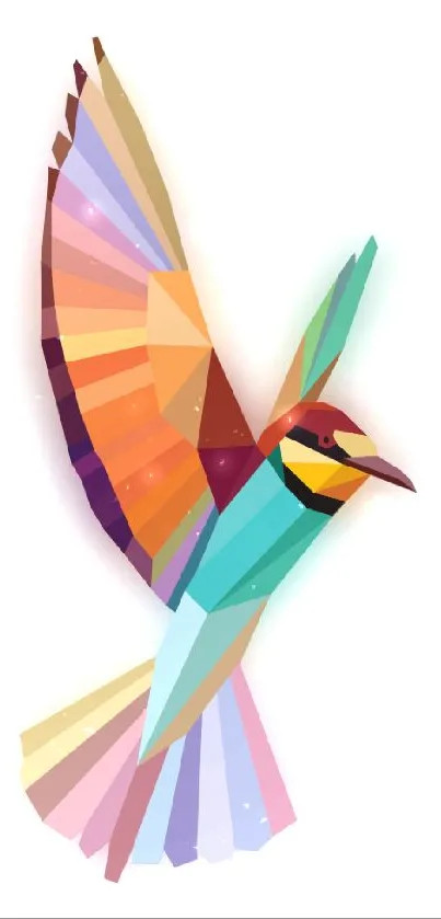 Polygonal bird design with vibrant colors on a white background.