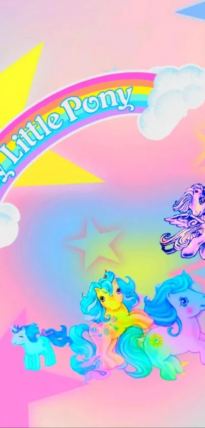 Vibrant My Little Pony wallpaper with colorful ponies, rainbow, and stars.