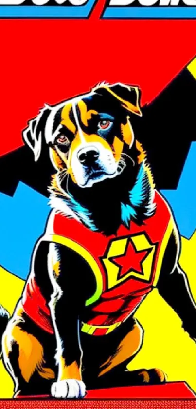 Colorful pop art wallpaper featuring a dog in a superhero costume.