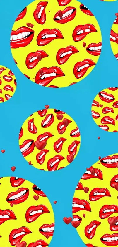 Colorful pop art wallpaper with red lips on a blue and yellow background.