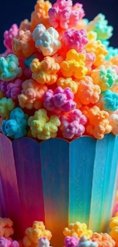 Colorful rainbow popcorn overflowing from a vibrant cup.