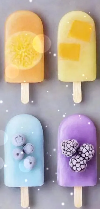 Colorful assorted fruit popsicles on display.