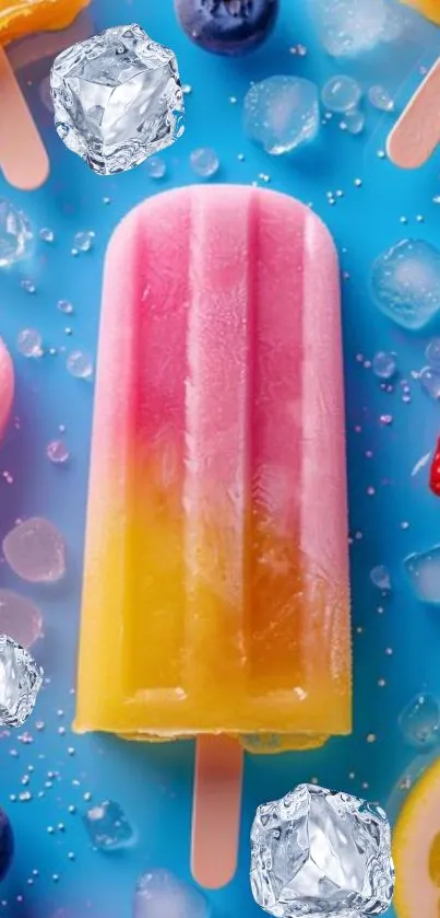 Colorful popsicles with fruits and ice on a blue background.