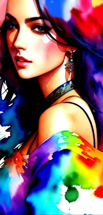 Artistic colorful portrait of a woman with vibrant paint background.