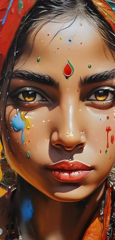 Colorful artistic portrait on a mobile wallpaper with vibrant expression.
