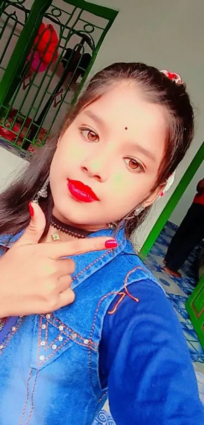 Young woman taking a vibrant selfie indoors.