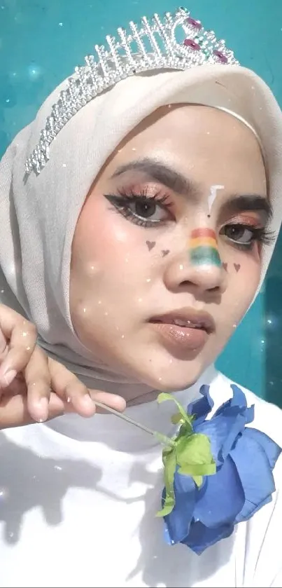Creative portrait with rainbow makeup and blue rose on teal background.