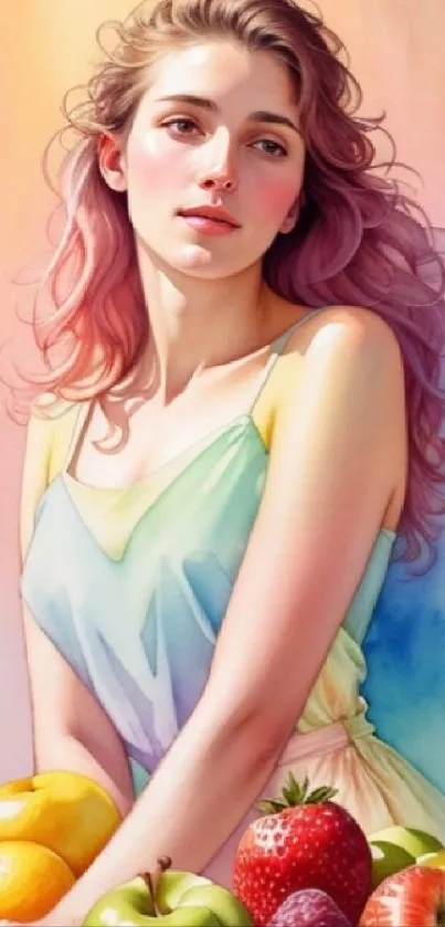 Stylish portrait with vibrant fruits and soft pastel colors.