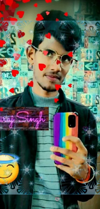 Vibrant wallpaper with a man, rainbow case, hearts, and emojis.